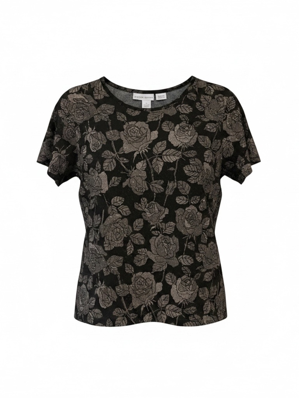 Jaclyn Smith Black Short-Sleeve Tee with Metallic Rose Print